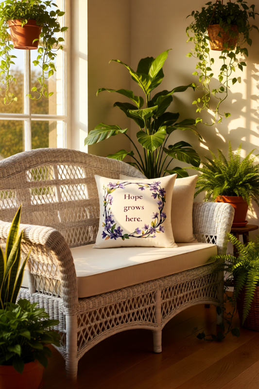 Wicker bench with a cushion and decorative pillow in a sunlit room with plants