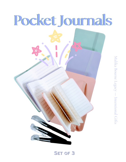 Three pastel-colored pocket journals with bookmarks and three black-and-white pens arranged on a white background under the title 'Pocket Journals'.