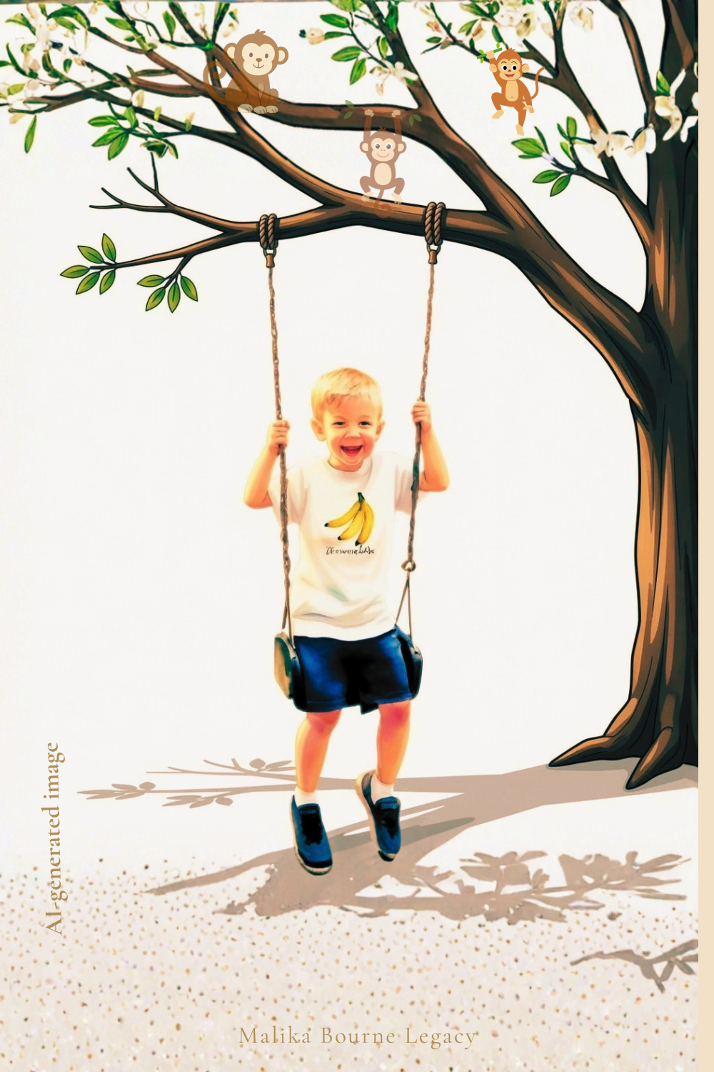 A young child wearing a white t-shirt with a banana graphic and dark shorts sits on a swing hanging from a large illustrated tree. The background is a clean off-white, with decorative leaves and monkeys on the tree branches.