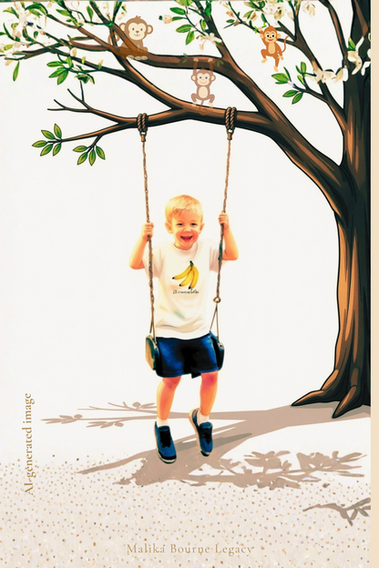 A young child wearing a white t-shirt with a banana graphic and dark shorts sits on a swing hanging from a large illustrated tree. The background is a clean off-white, with decorative leaves and monkeys on the tree branches.