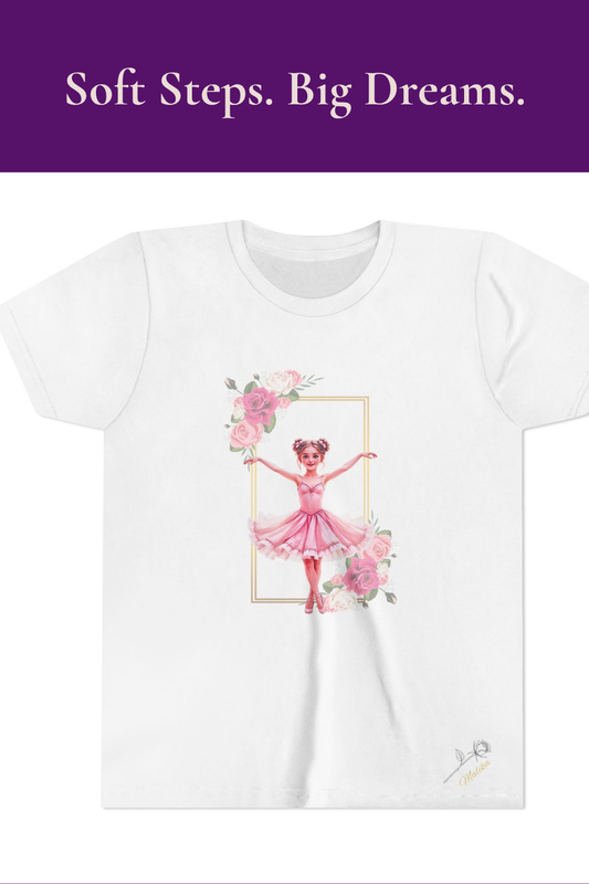 Youth Ballet T‑shirt — Watercolor Ballerina with Rose Frame