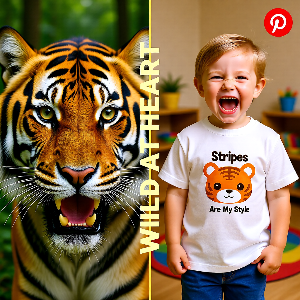 Child wearing a t-shirt with a tiger design and text, next to a close-up of a tiger's face. tiger and child roar.