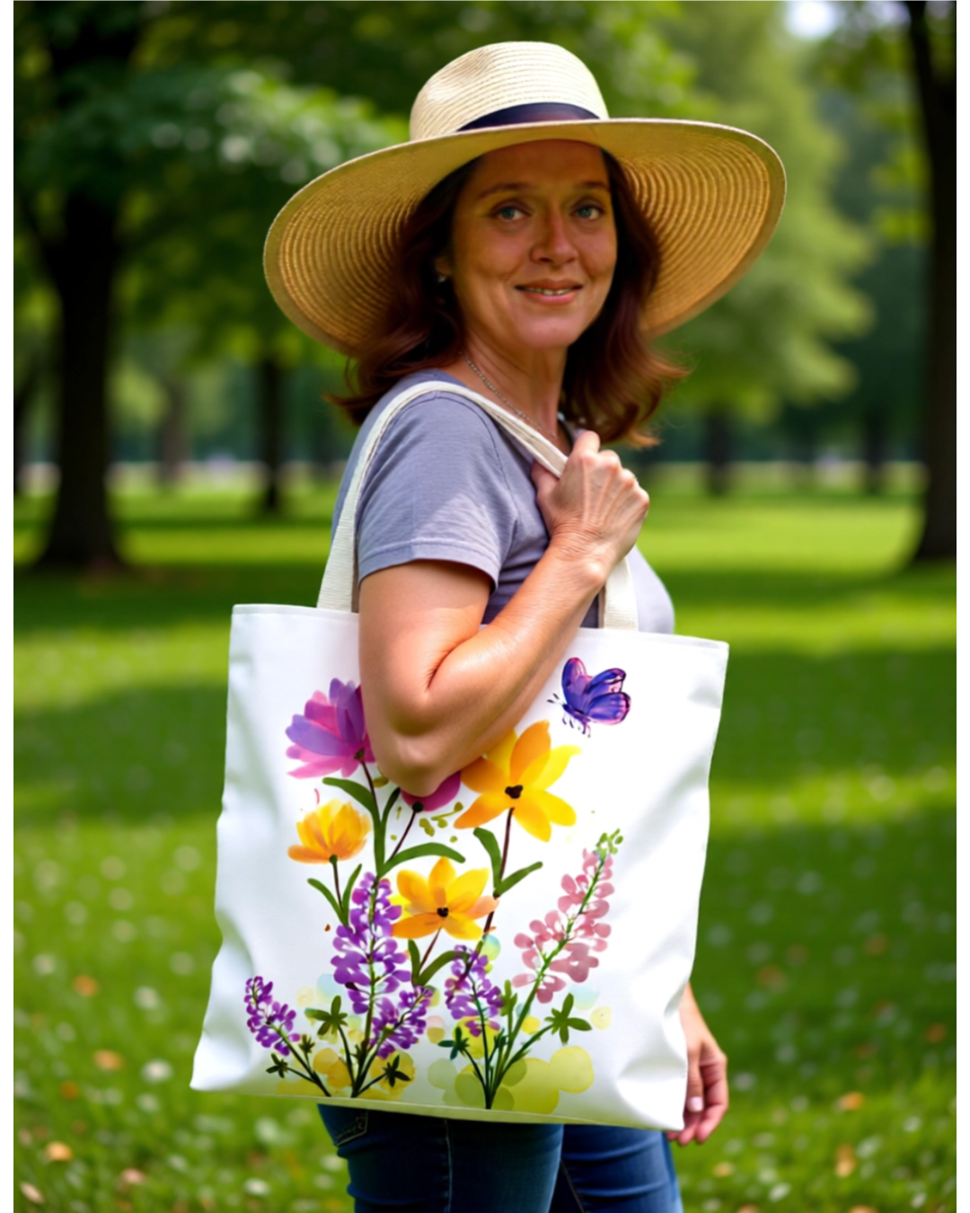 Woman holding a tote bag with floral design in a park