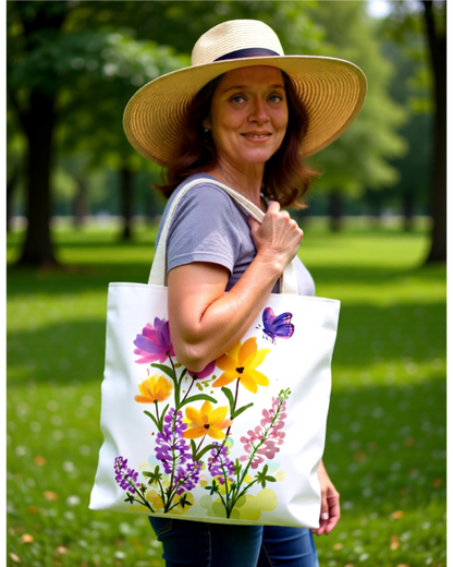 Woman holding a tote bag with floral design in a park
