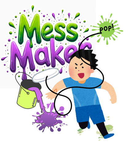 Cartoon character with a paint can and text 'Mess Maker' on a white background