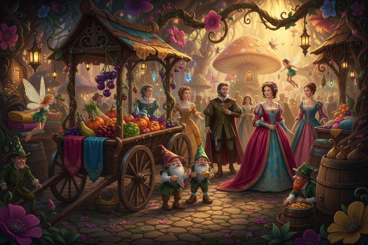 A whimsical marketplace from the past with cart full of fruits and vegetables, and folded fabrics to barter. The characters are fantastical in color dress: fairies, gnomes, leprechauns and noblemen.
