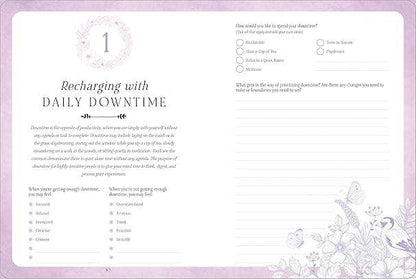 Page from a book titled 'Recharging with Daily Downtime' on a purple background with decorative elements.