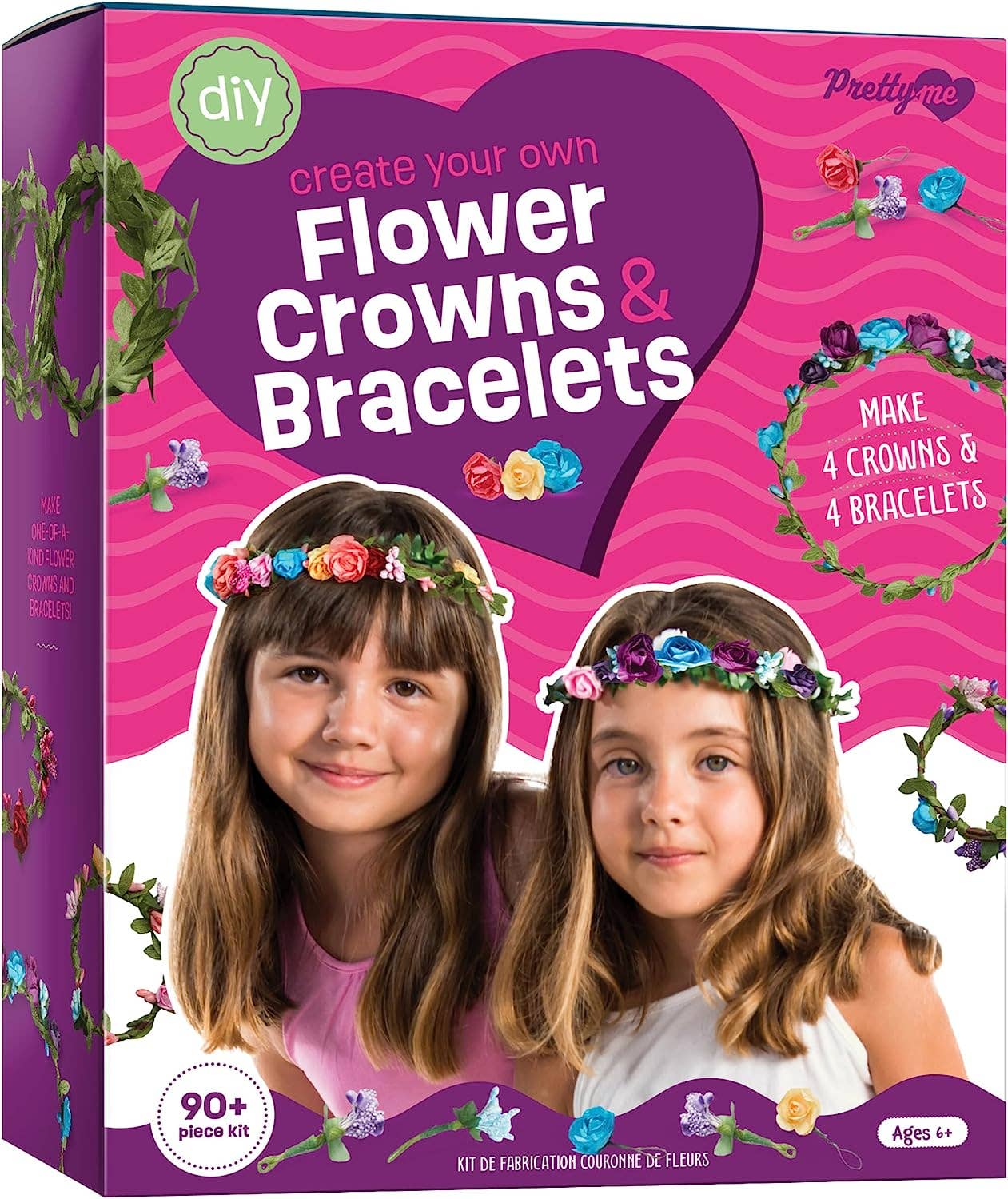 Box for 'Create your own Flower Crowns & Bracelets' craft kit with two children on a pink and purple background.