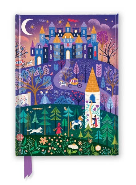 Fantasy landscape with castle, trees, and characters on a colorful notebook cover.