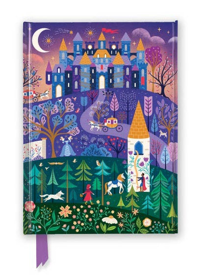 Fantasy landscape with castle, trees, and characters on a colorful notebook cover.
