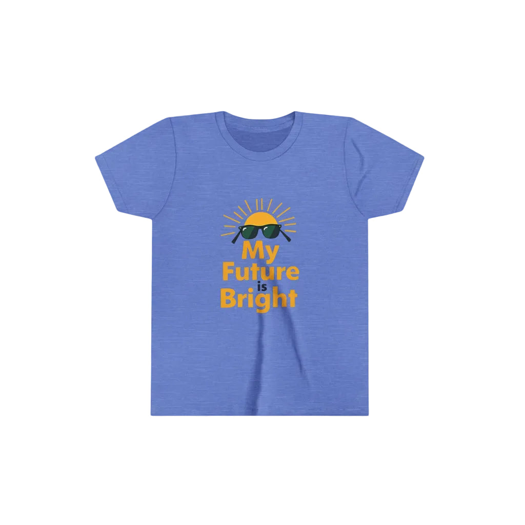 A heather blue short-sleeve t-shirt with a graphic of a smiling sun wearing sunglasses and the text 'My Future Bright!' in yellow. The shirt is displayed on a yellow sunburst background with the text 'A child's job is to play.