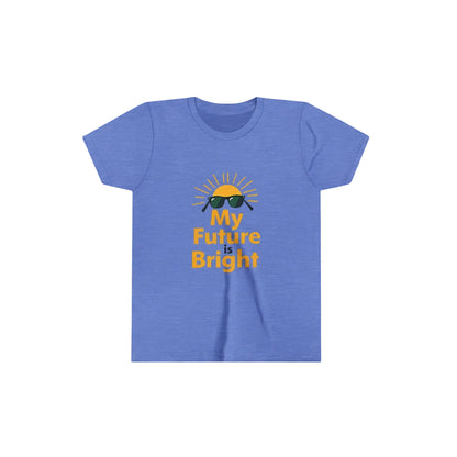A heather blue short-sleeve t-shirt with a graphic of a smiling sun wearing sunglasses and the text 'My Future Bright!' in yellow. The shirt is displayed on a yellow sunburst background with the text 'A child's job is to play.