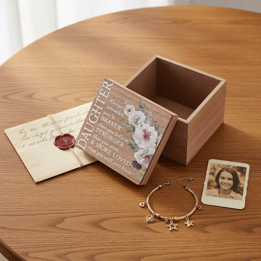 Wooden box for daughter with floral design and text on a white background