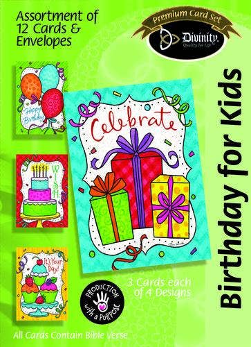Assortment of birthday cards for kids with colorful designs on a green background, featuring the Divinity Card Set brand.