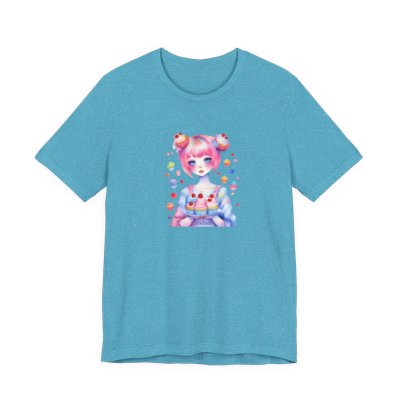 Girl with pink hair holding a cupcake with floating cherries printed on an aqua  shirt.