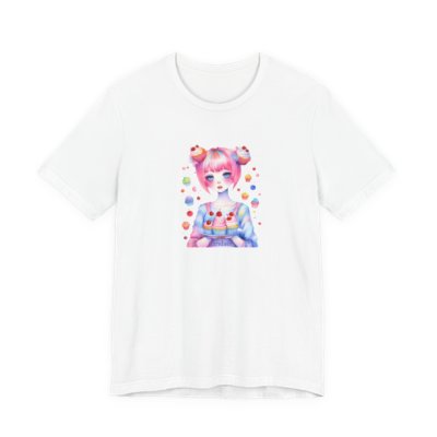 Girl with pink hair holding a cupcake with floating cherries printed on a light color shirt.