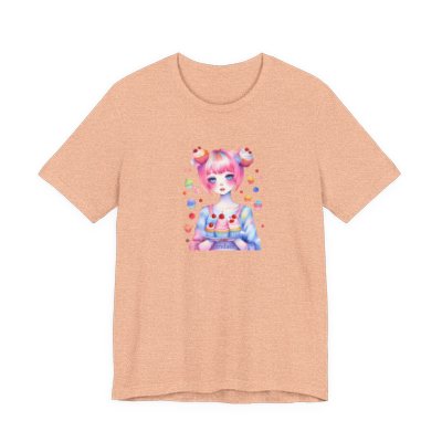 Grl with pink hair holding a cupcake with floating cherries printed on a peach shirt.