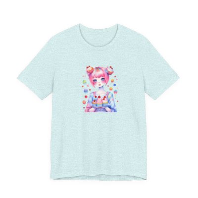 Girl with pink hair holding a cupcake with floating cherries printed on a light teal shirt.