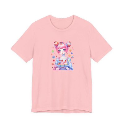 Girl with pink hair holding a cupcake with floating cherries printed on a pink shirt.