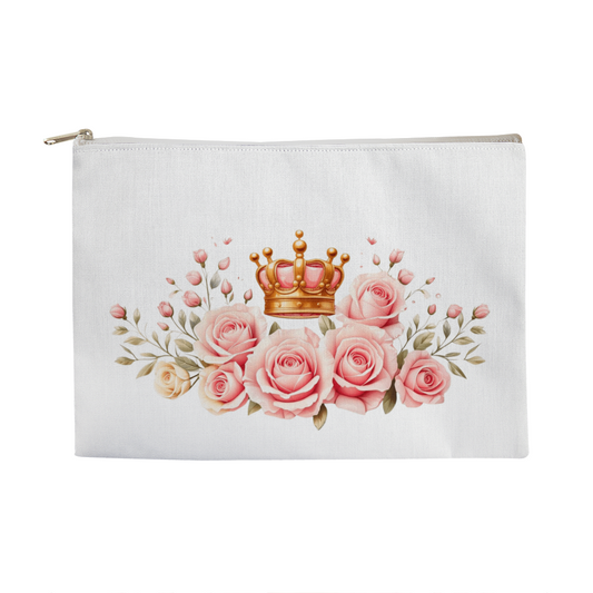 large zipper pouch with pink roses and a small crown in the center