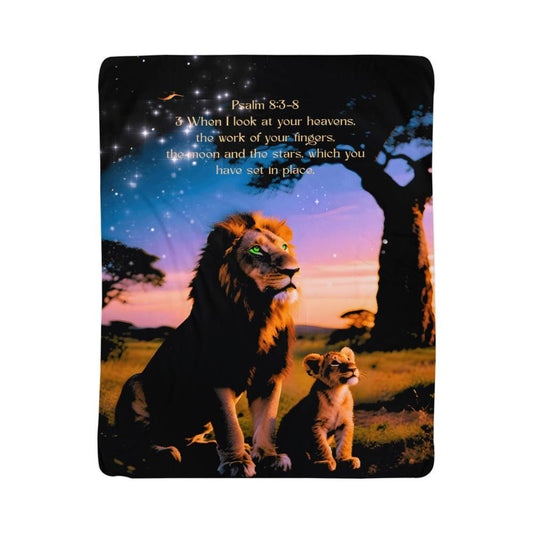 Rectangular printed blanket with a male lion and cub gazing at the starry night sky. Quote from Psalms 8.