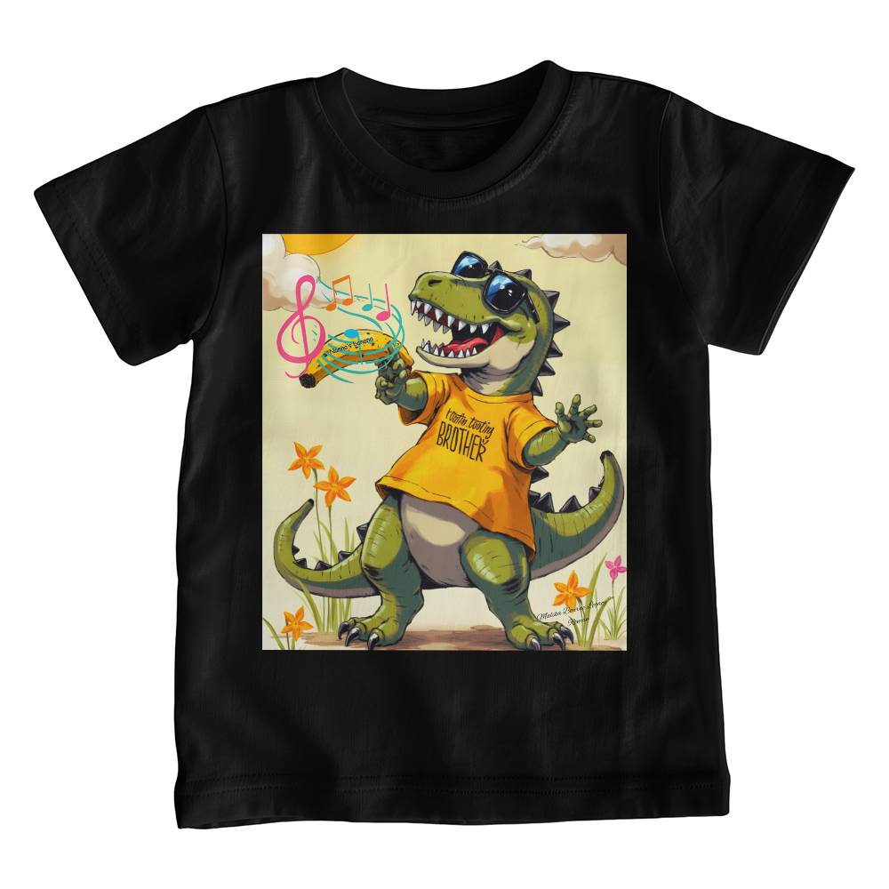Give the big brother one of the best in comfort- Bella + Canvas 3001Y 'Big Boy' Youth black T-shirt with image of dinosaur.
