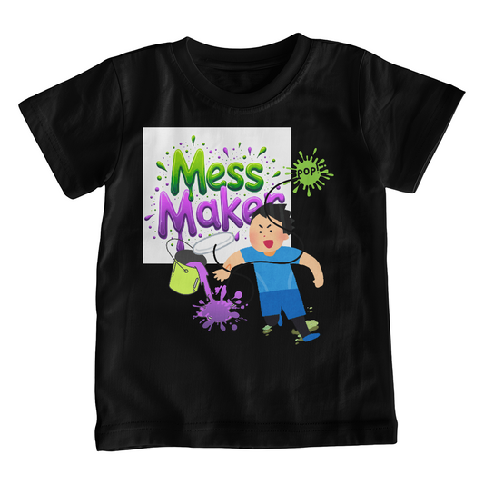 T-shirt with green and purple paint splashes and a boy playing frisbee. A humerus conversation starter image on the black t-shirt.