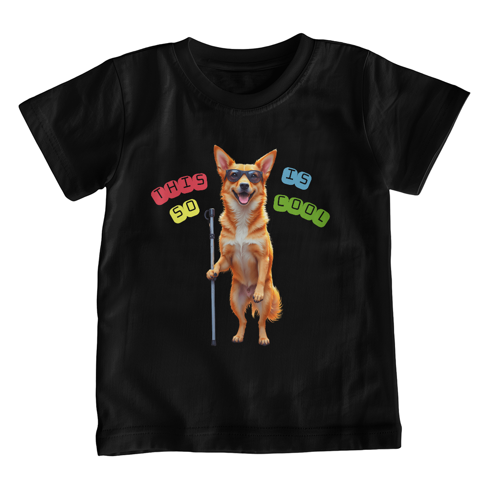 black t-shirt with dog wearing dark glasses on hind legs and white cane saying "That is so cool".