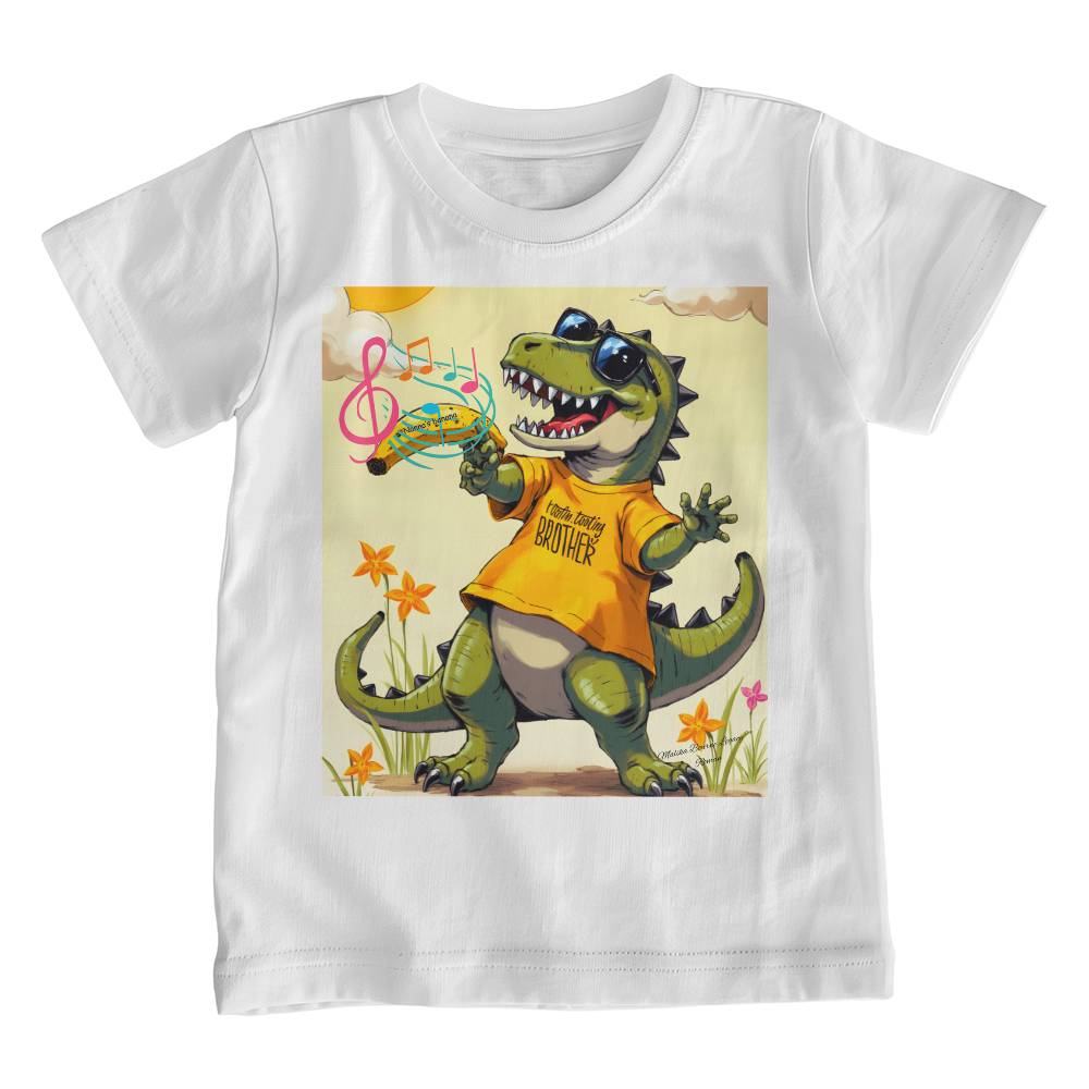 white t-shirt with singing dinosaur, he holds a banana and wears a yellow shirt and sunglasses.