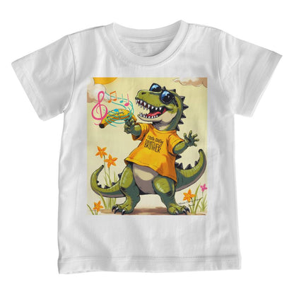 white t-shirt with singing dinosaur, he holds a banana and wears a yellow shirt and sunglasses.