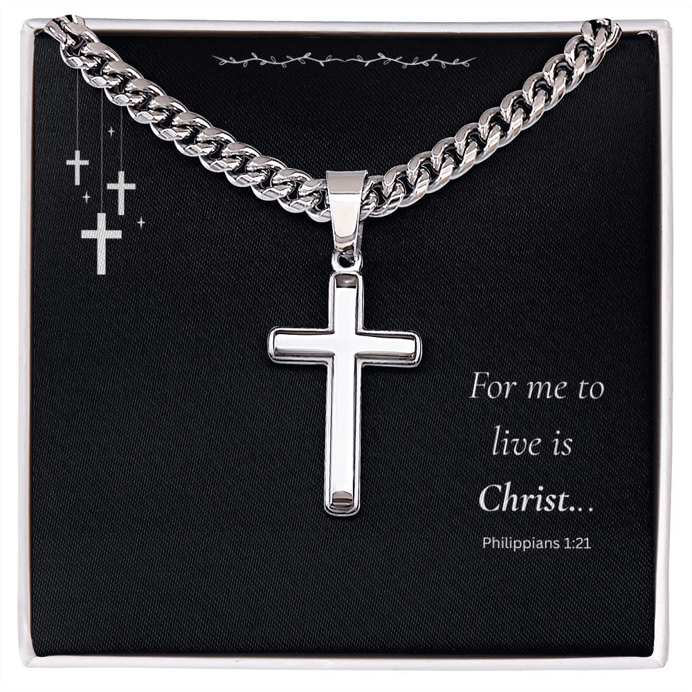 Men's Cross Pendent: For Me to Live if Christ - Philippians 1:21 on Black Card