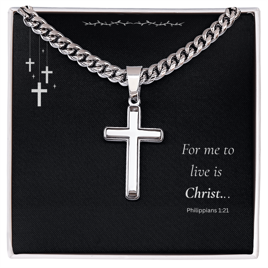 Men's Cross Pendent: For Me to Live if Christ - Philippians 1:21 on Black Card