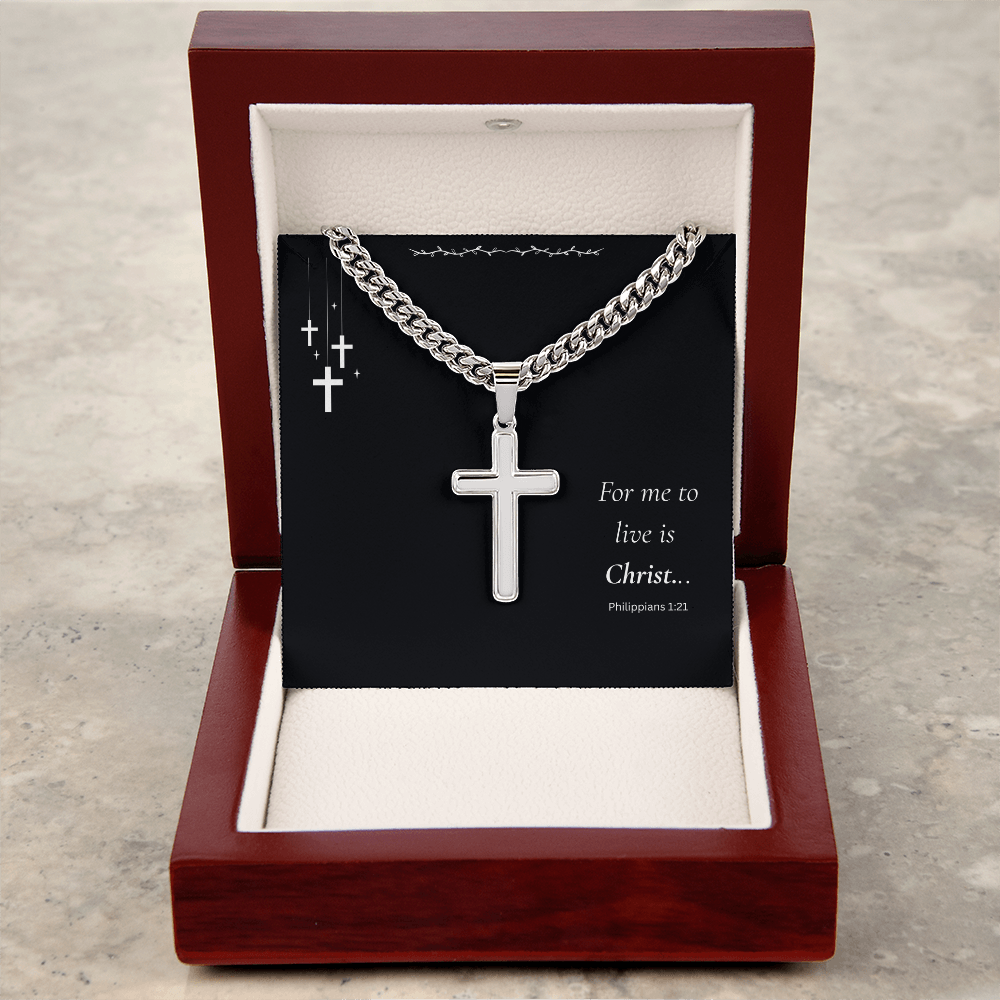 Men's Cross Pendent: For Me to Live if Christ - Philippians 1:21 on Black Card