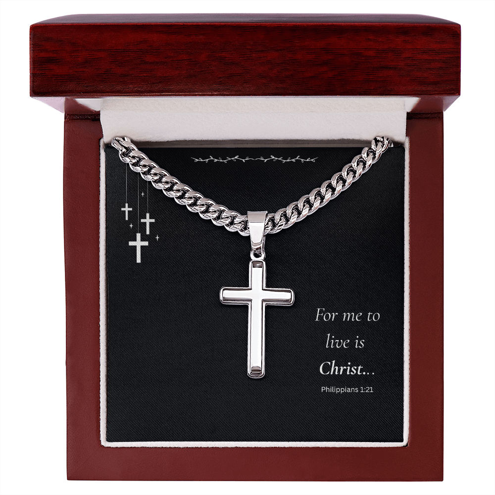 Men's Cross Pendent: For Me to Live if Christ - Philippians 1:21 on Black Card