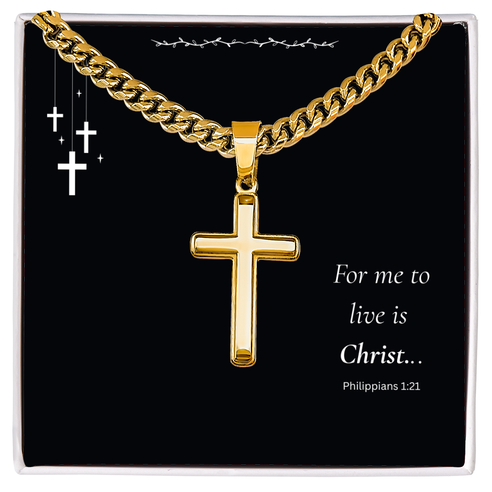 Men's Cross Pendent: For Me to Live if Christ - Philippians 1:21 on Black Card
