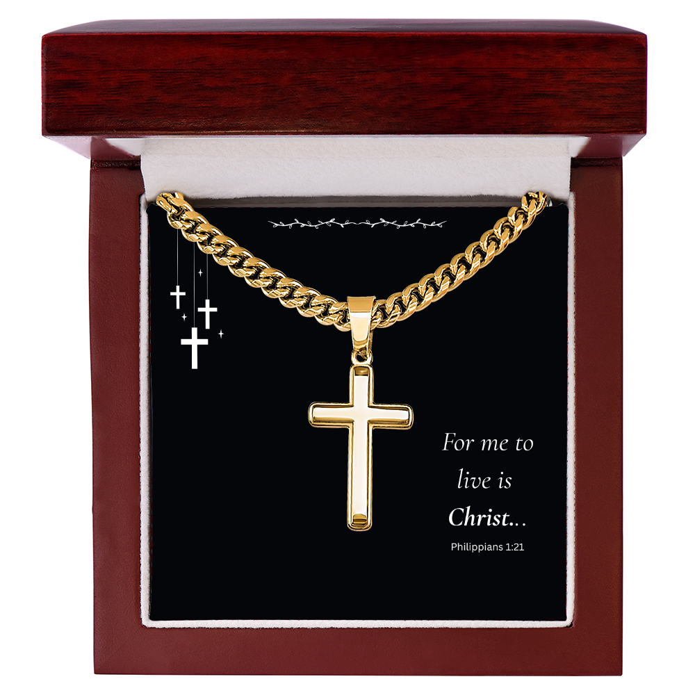 Men's Cross Pendent: For Me to Live if Christ - Philippians 1:21 on Black Card