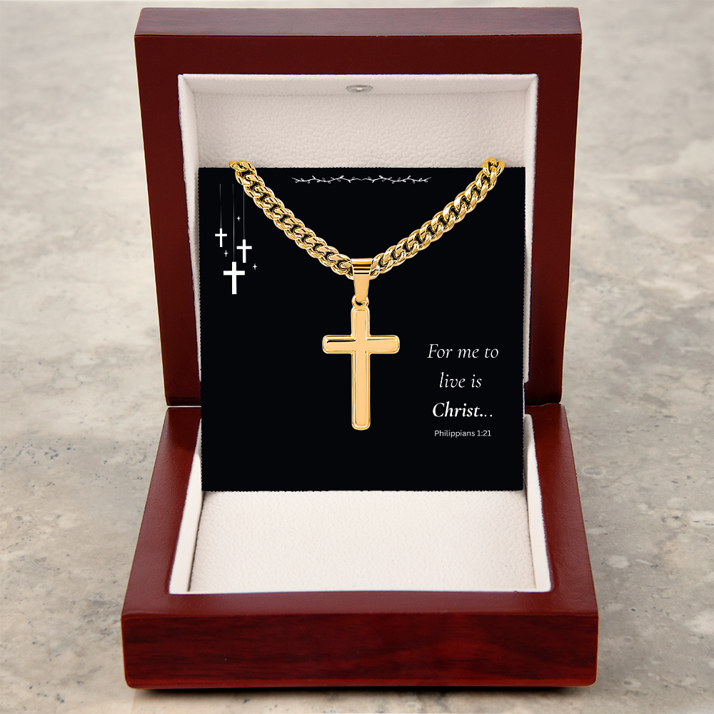 Men's Cross Pendent: For Me to Live if Christ - Philippians 1:21 on Black Card