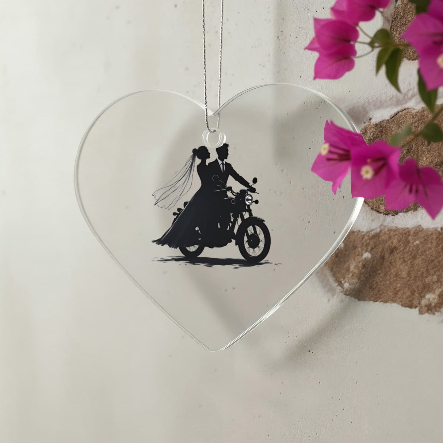 Acrylic Heart Ornament: Motorcycle Bride