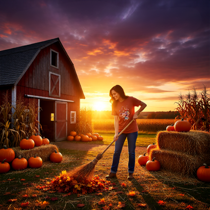 Woman sweeping leaves in a pumpkin patch with a barn and sunset in the background