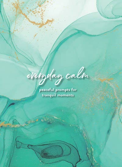 Book titled 'everyday calm' with a teal and gold abstract design on the cover.