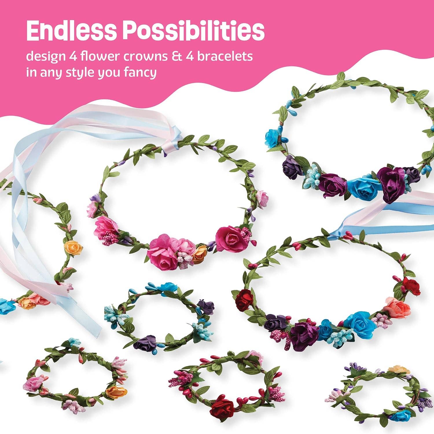 Flower crowns and bracelets with ribbons on a pink background, promoting 'Endless Possibilities'.