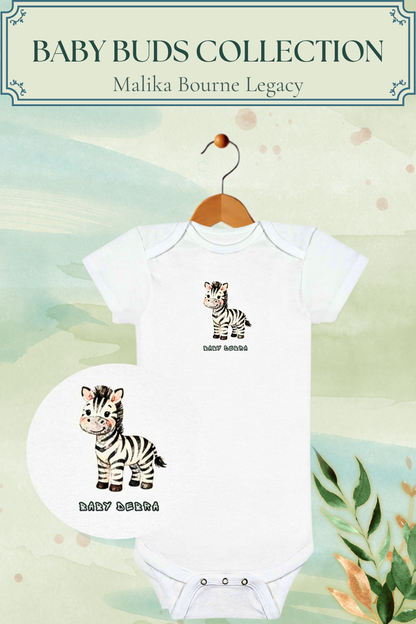 White baby bodysuit with a zebra graphic and 'BABY BUDS' text, displayed on a wooden hanger against a soft watercolor background with a circular inset showing the full printed design.