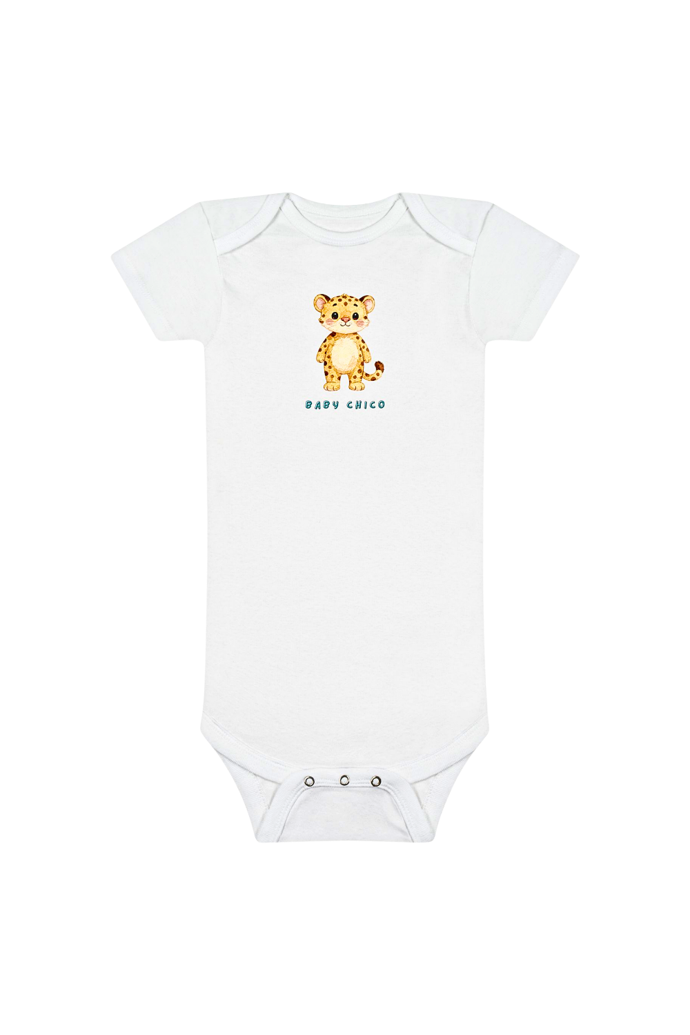 A white short-sleeve baby bodysuit featuring a small cartoon cheetah graphic and the text 'BABY CHICO' printed on the chest, displayed against a solid white background. AI-generated
