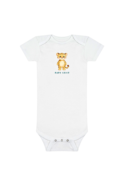 A white short-sleeve baby bodysuit featuring a small cartoon cheetah graphic and the text 'BABY CHICO' printed on the chest, displayed against a solid white background. AI-generated