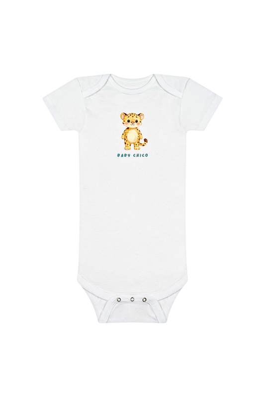 A white short-sleeve baby bodysuit featuring a small cartoon cheetah graphic and the text 'BABY CHICO' printed on the chest, displayed against a solid white background. AI-generated