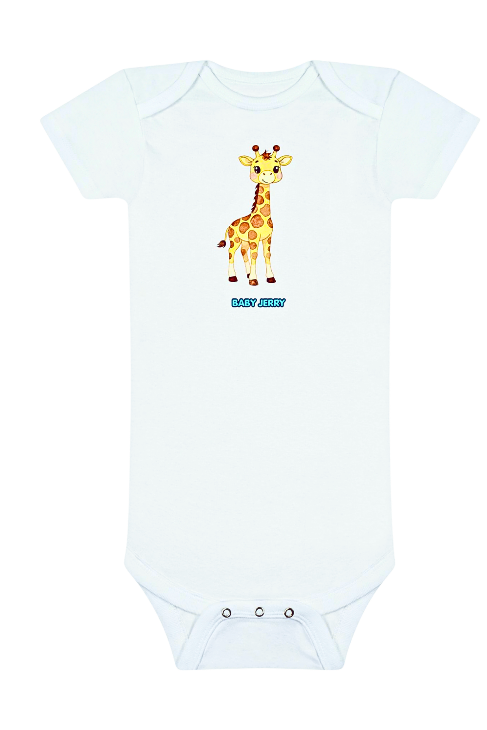 A white short-sleeve baby bodysuit featuring a cartoon giraffe graphic on the chest with the text 'BABY Jerry' underneath, displayed on a solid white background. AI