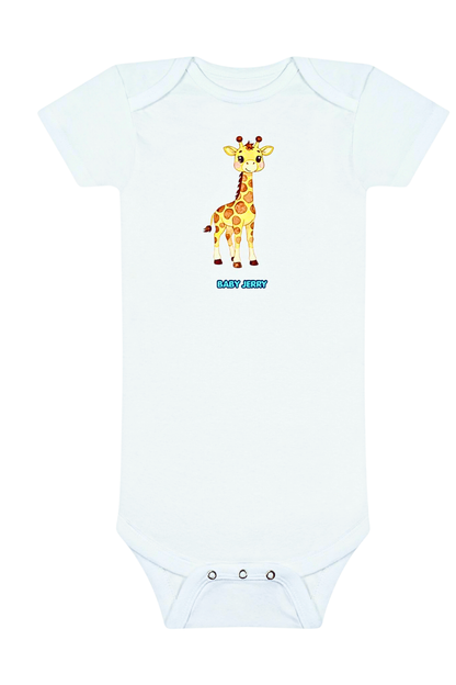 A white short-sleeve baby bodysuit featuring a cartoon giraffe graphic on the chest with the text 'BABY Jerry' underneath, displayed on a solid white background. AI