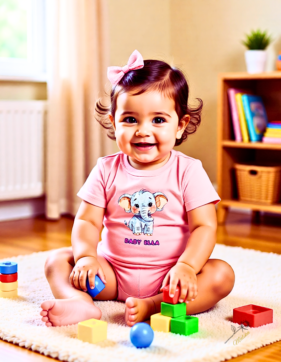Child in a pink onesie with a cartoon character, sitting on a rug with colorful blocks.