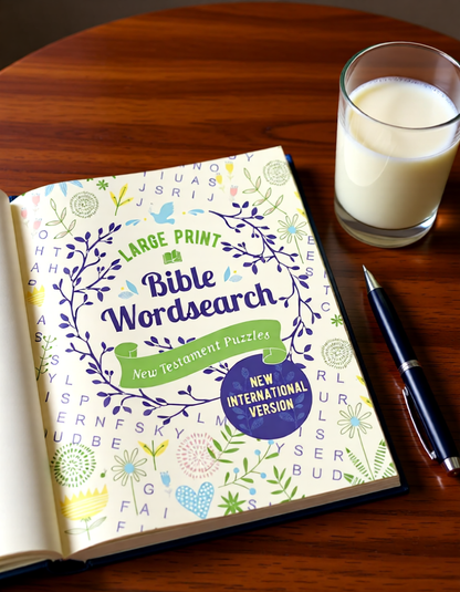 Open book titled 'Large Print Bible Wordsearch' on a wooden table with a glass of milk and pen.