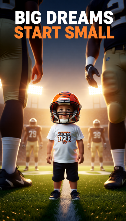 Child in football gear standing between two adults on a football field with 'Big Dreams Start Small' text.